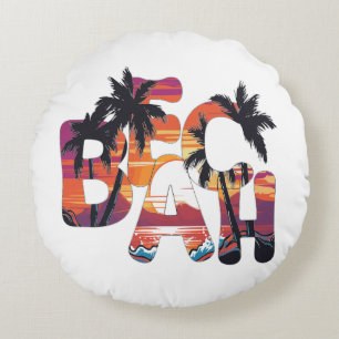 Beach Waves Palm Trees Round Pillow