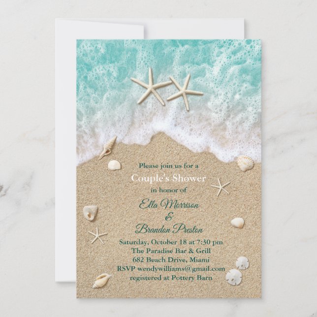Beach Waves & Starfish Couple's Shower Invitation (Front)