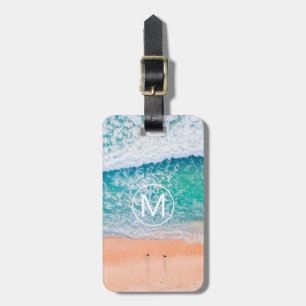 Beach Waves, White Monogram in Circle Contact info Luggage Tag