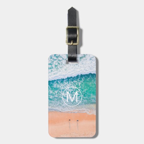 Beach Waves White Monogram in Circle Contact info Luggage Tag