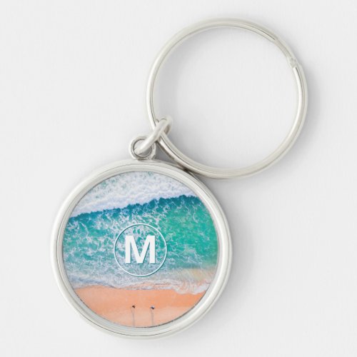 Beach Waves White Monogram in Circle Keychain