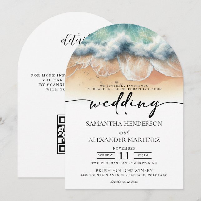 Beach Waves with QR Code Wedding Invitation (Front/Back)