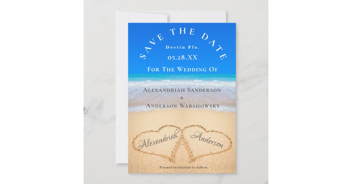 Beach Wedding 2 Hearts in the Sand Save the Date Invitation | Zazzle