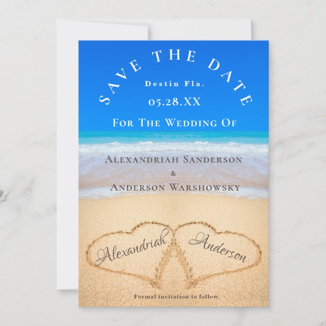 Beach Wedding 2 Hearts in the Sand  Save the Date Invitation (Front)