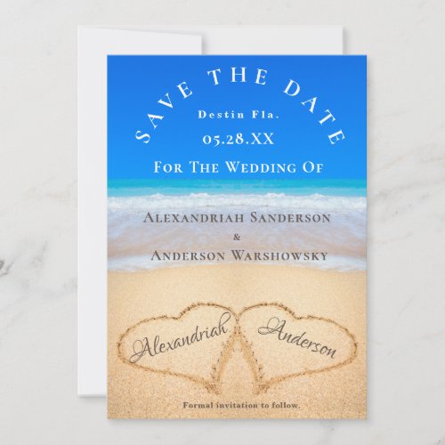 Beach Wedding 2 Hearts in the Sand  Save the Date Invitation