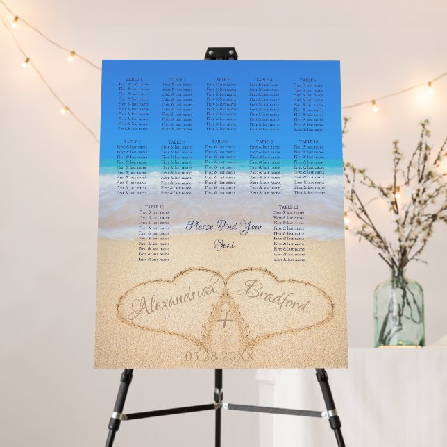 Beach Wedding 2 Hearts in the Sand Seating Chart Foam Board (In Situ (Stand))