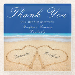 Beach Wedding 2 Hearts in the Sand  Wedding   Glass Coaster