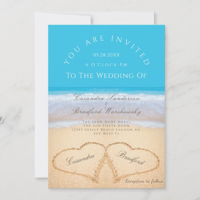 Beach Wedding 2 Hearts in the Sand  Wedding   Invi Invitation (Front)