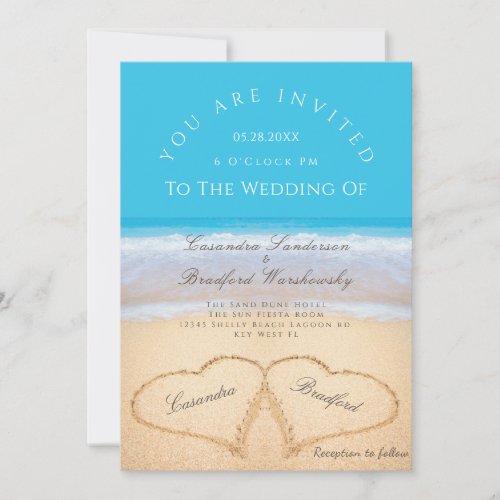 Beach Wedding 2 Hearts in the Sand  Wedding   Invi Invitation