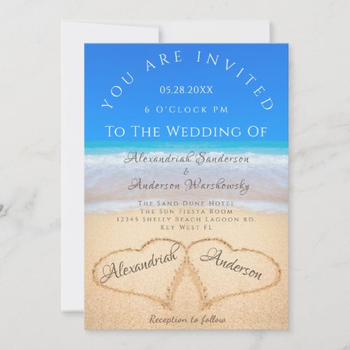 Beach Wedding 2 Hearts in the Sand  Wedding   Invitation