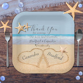 Beach Wedding 2 Hearts in the Sand Wedding Paper Plates