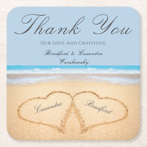 Beach Wedding 2 Hearts in the Sand  Wedding  Paper Square Paper Coaster