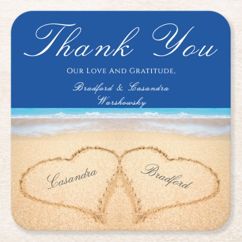 Beach Wedding 2 Hearts in the Sand  Wedding  Square Paper Coaster