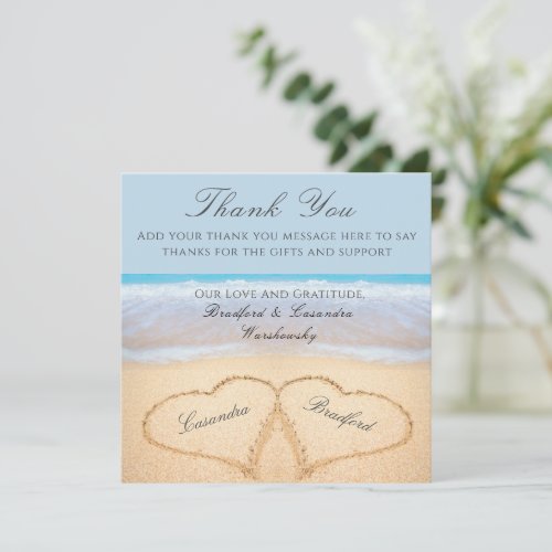 Beach Wedding 2 Hearts in the Sand  Wedding  Thank Thank You Card