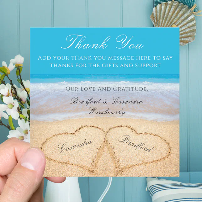 Beach Wedding 2 Hearts in the Sand Wedding Thank You Card | Zazzle