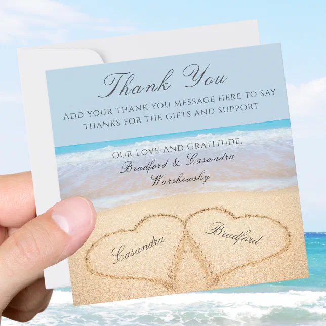 Beach Wedding 2 Hearts in the Sand Wedding Thank You Card | Zazzle