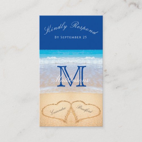 Beach Wedding 2 Hearts Sand  Dark Blue RSVP Enclos Enclosure Card