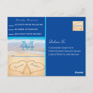 Beach Wedding 2 Hearts Sand Dark Blue RSVP Postcard