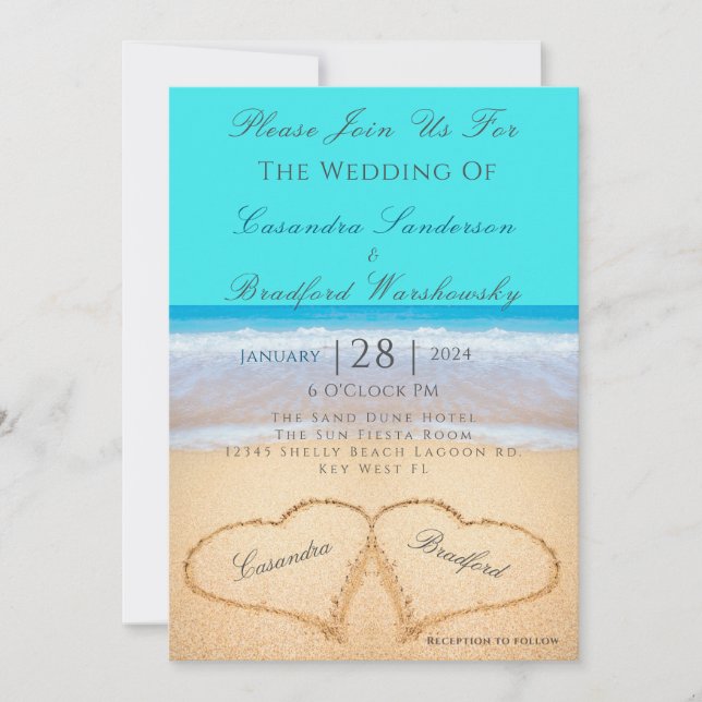 Beach Wedding 2 Hearts Sand Teal Blue Invitation (Front)