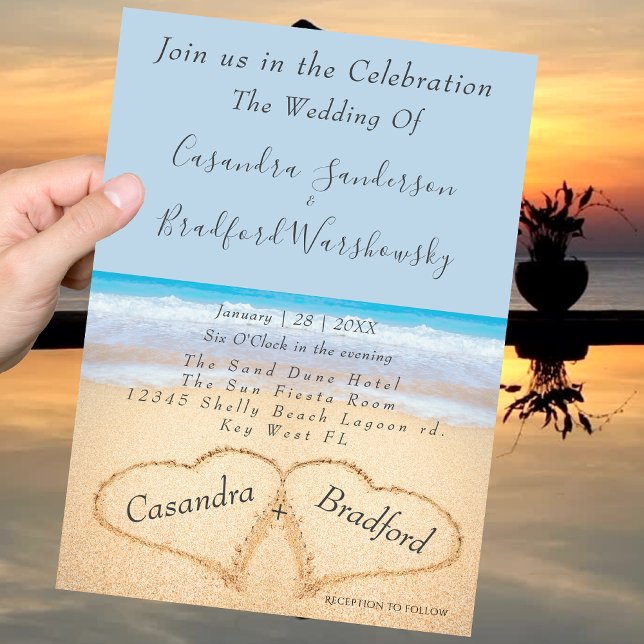 Beach Wedding 2 Hearts Sand Wedding Dusty Blue Invitation (Creator Uploaded)