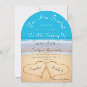 Beach Wedding 2 Hearts Sand Wedding Ocean Blue Inv Invitation
