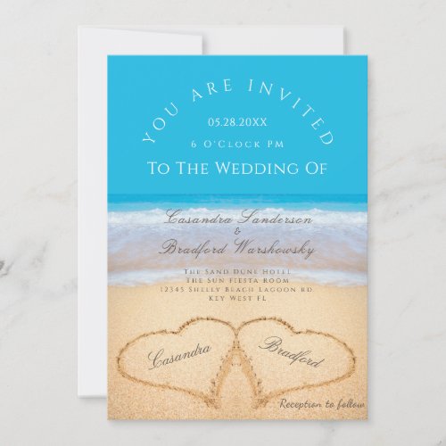 Beach Wedding 2 Hearts Sand Wedding Ocean Blue Inv Invitation