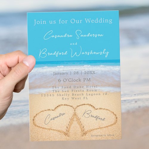 Beach Wedding 2 Hearts Sand Wedding Ocean Blue Inv