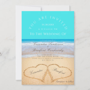 Beach Wedding 2 Hearts Sand Wedding Teal Blue Invitation