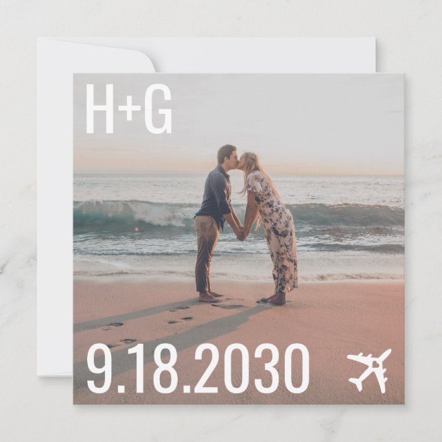 Beach Wedding Airplane Destination Square Photo Save The Date (Front)
