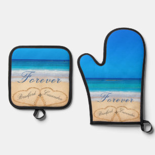 Beach Wedding /Anniversary Keepsake Hearts Sand Oven Mitt & Pot Holder Set