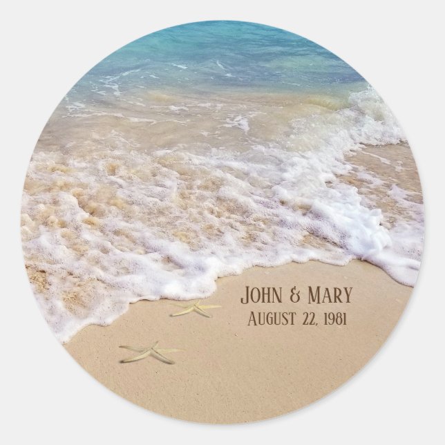 Beach wedding anniversary starfish classic round sticker (Front)