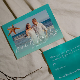 Beach wedding aqua blue starfish  thank you photo card