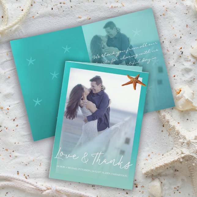 Beach wedding aqua blue starfish thank you photo card (Creator Uploaded)