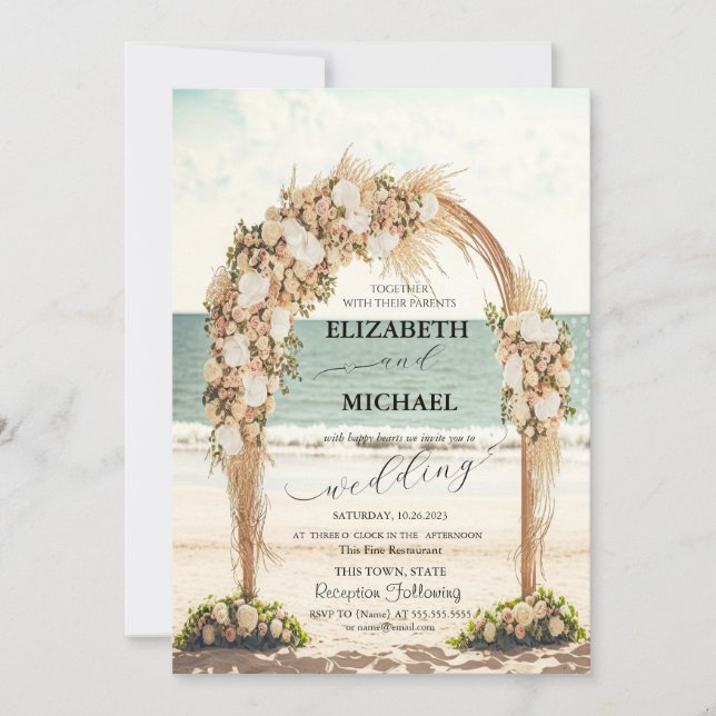 Beach Wedding Arbor Roses Script Wedding Invitation (Front)