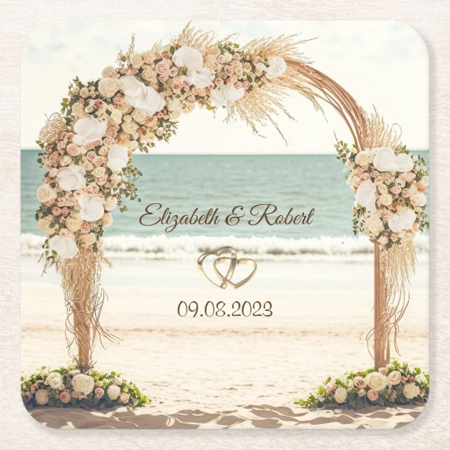 Beach Wedding Arbor Roses Square Paper Coaster (Front)