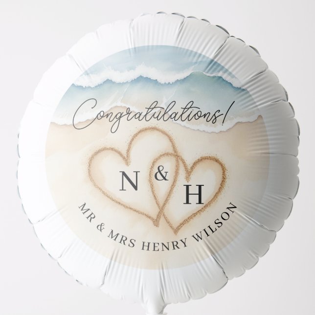 Beach Wedding Balloon with Sand Heart Monogram (Front)