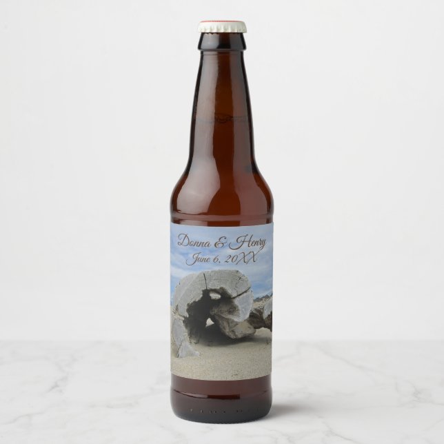 Beach Wedding Beautiful Driftwood Photo Ocean Beer Bottle Label (Front)