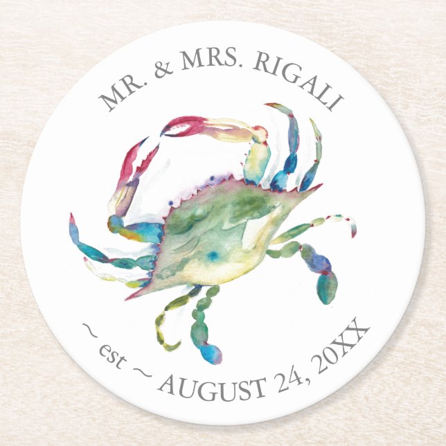 Beach Wedding Blue Crab Custom Drink Coasters (Front)