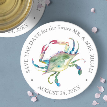 Beach Wedding Blue Crab Save The Date Round Paper Coaster by DoTellABelle at Zazzle