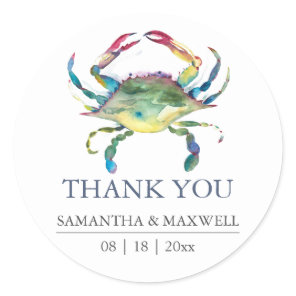 Beach Wedding Blue Crab Thank You Favor Classic Round Sticker