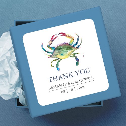 Beach Wedding Blue Crab Thank You Favor Square Sticker