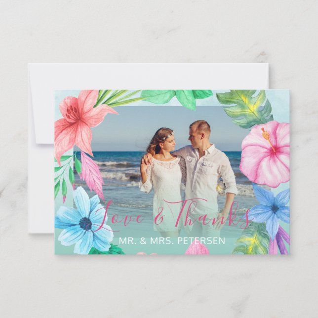 Beach wedding blue pink tropical PHOTO thank you Card (Front)