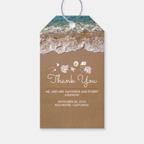 Beach Wedding Blue Sea and Sand Tropical Gift Tags - Seaside wedding tags with ocean treasures and crystal clear water wave