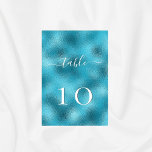 Beach wedding blue turquoise script table number<br><div class="desc">Perfect for a beach wedding. A sea blue background.  Personalize and your table numbers.  White letters.
Matching dinner menu is available in our store!</div>