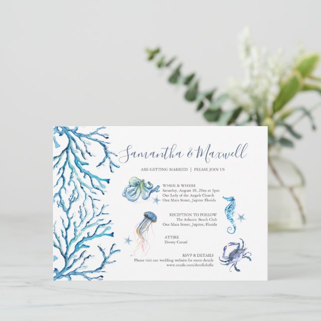 Beach Wedding Blue Watercolor Illustrated  Invitation (Standing Front)
