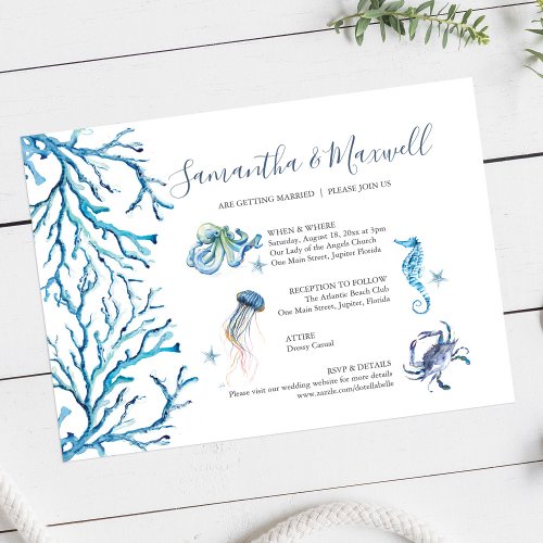 Beach Wedding Blue Watercolor Illustrated  Invitation