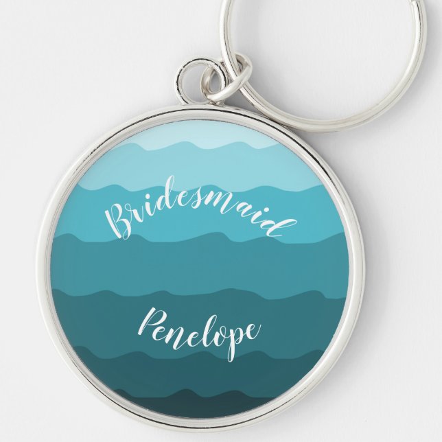 Beach Wedding Blue Waves Bridesmaid with Name   Keychain (Front)