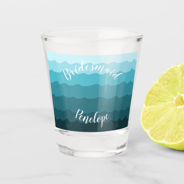 Beach Wedding Blue Waves Bridesmaid with Name  Shot Glass (Front)