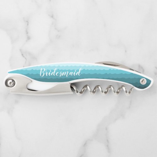 Beach Wedding Blue Waves Bridesmaid with Name  Waiters Corkscrew