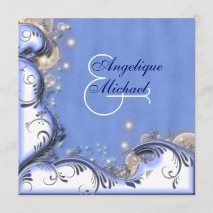 Beach wedding blue white silver invitation
